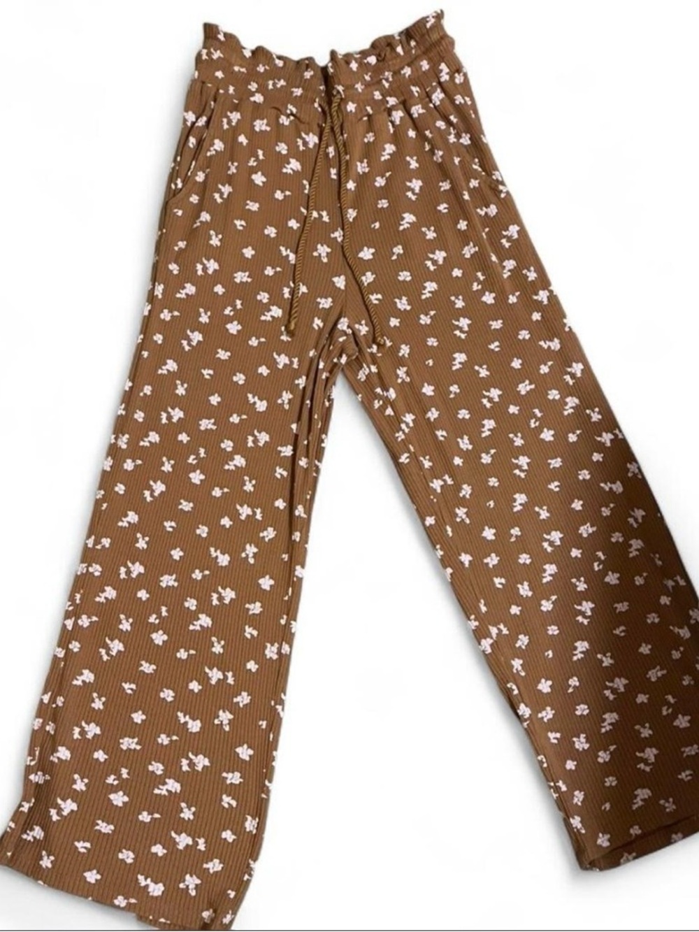 Brown Floral Wide-Leg Knit Pants